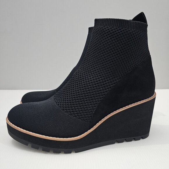 NEW Eileen Fisher Quill Ankle Bootie Wedge Platform Black Knit Suede Size 10
